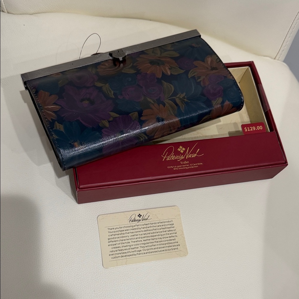 Patricia Nash Peruvian Painting Blue/Purple/Gold Floral Leather Wallet in Box